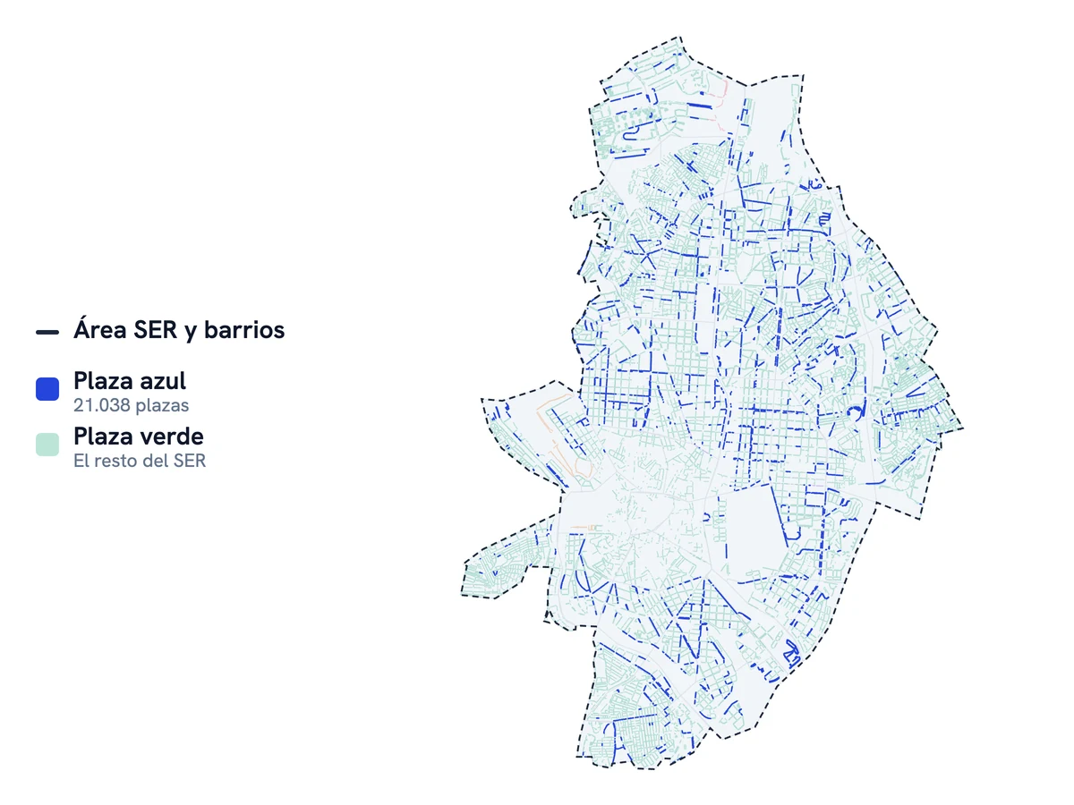 Mapa de la zona azul de Madrid: las plazas azules del SER dibujadas calle a calle dentro del área SER, con las verdes atenuadas de fondo.