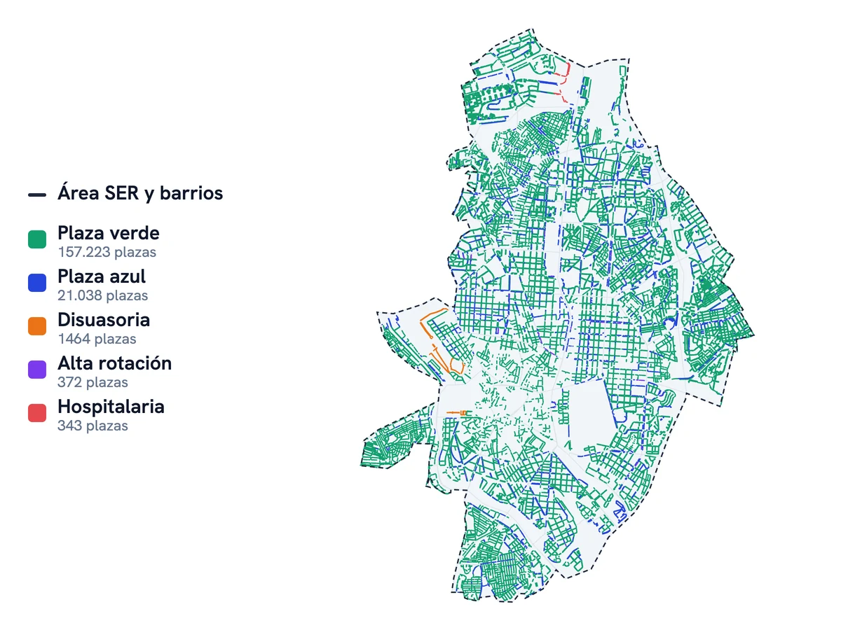 Mapa de la zona SER de Madrid: las plazas verdes, azules, de alta rotación, disuasorias y hospitalarias dibujadas calle a calle dentro del área SER.