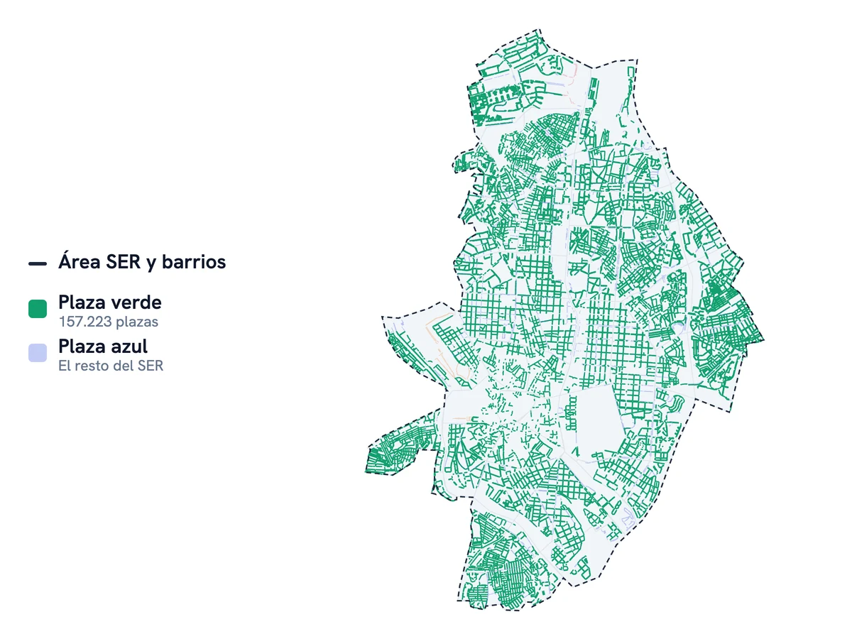 Mapa de la zona verde de Madrid: las plazas verdes del SER dibujadas calle a calle dentro del área SER, con las azules atenuadas de fondo.